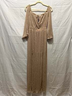 Fashion Nova Golden Glow Metallic Plisse Off-the-Shoulder Maxi Dress with Slits